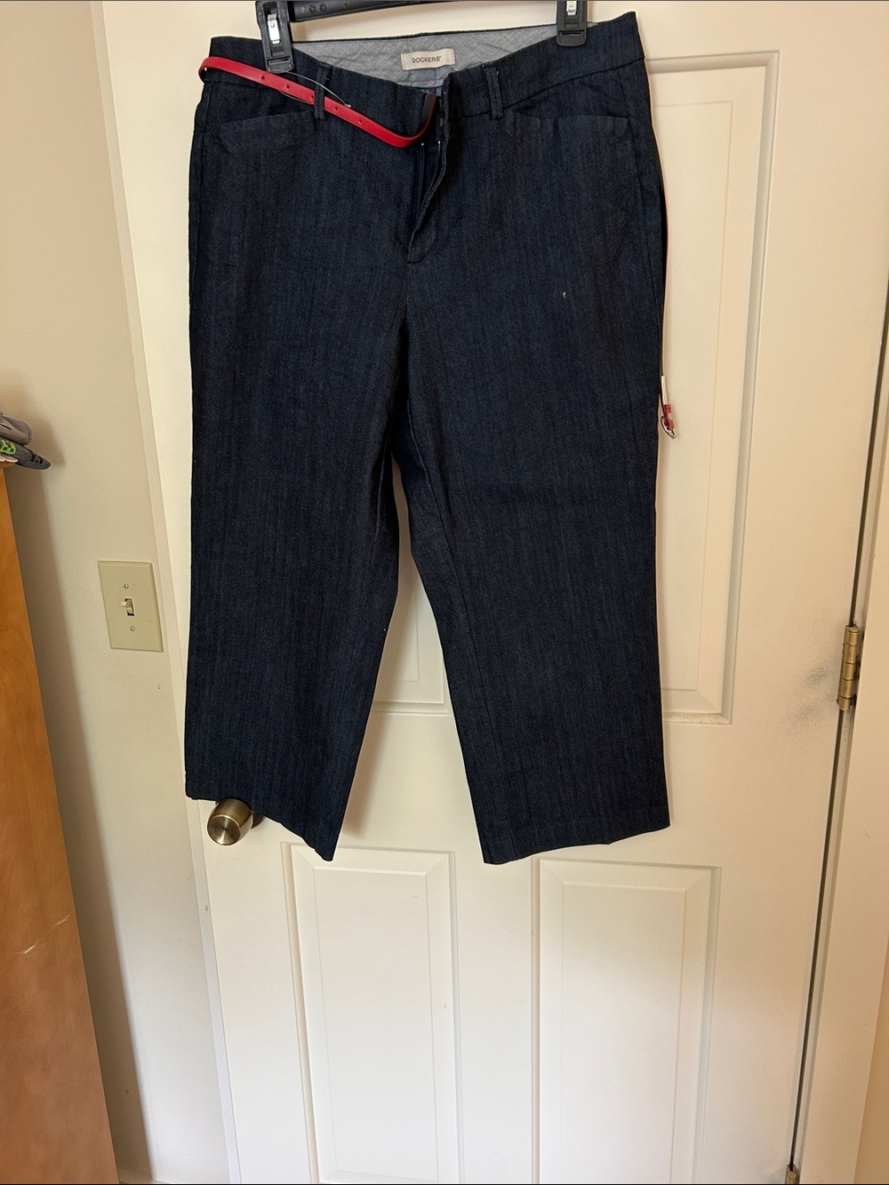 Dockers Dark Blue Denim capris with Red Belt Accent